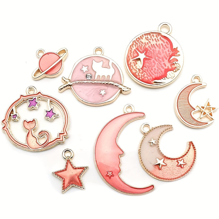 DIY Set of 24 Pink Assorted Gold Plated Enamel Cat Moon Star Celestial Pendants for Handmaking Earrings, Necklaces, Bracelets, and Jewelry