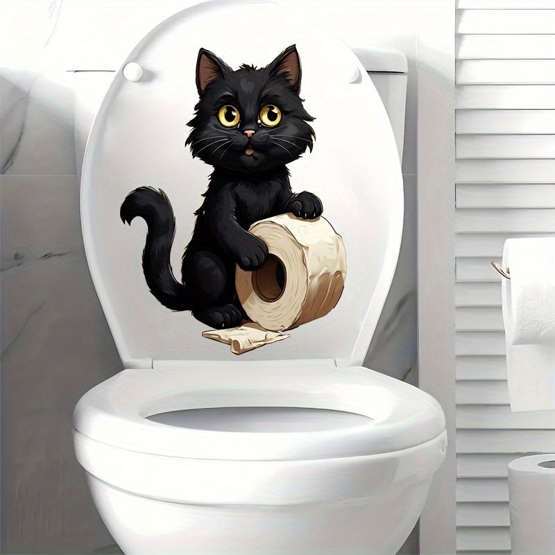 1pc Cute Black Cat Toilet Paper Sticker for Home Bathroom, Easy-to-Apply, Self-Adhesive, Disposable Decor for Restroom.