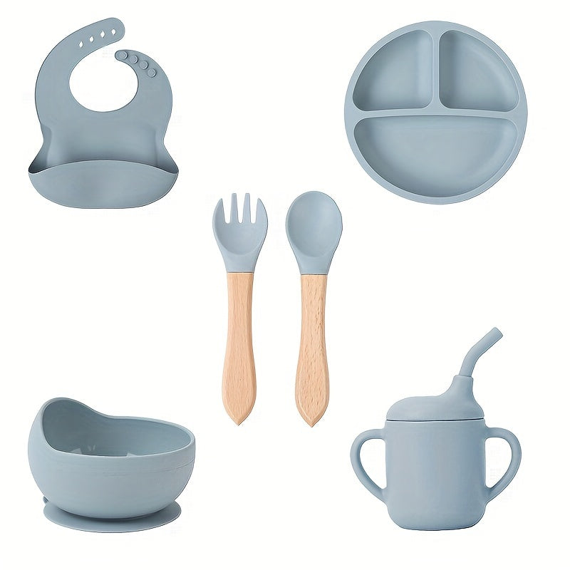 Set of 6 Silicone Feeding Items, Including Suction Bowl, Divided Plate, Self-Feeding Dish, Spoon, Fork, Sippy Cup, Adjustable Bib, and Eating Utensils for Led Weaning.