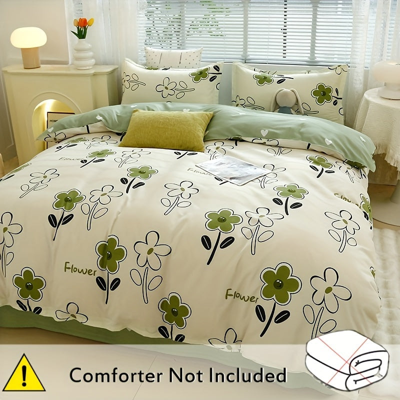 4-piece skin-friendly duvet cover set featuring a fresh flower print design. Includes duvet cover, flat sheet, and two pillowcases (core not included). Suitable for all seasons and perfect