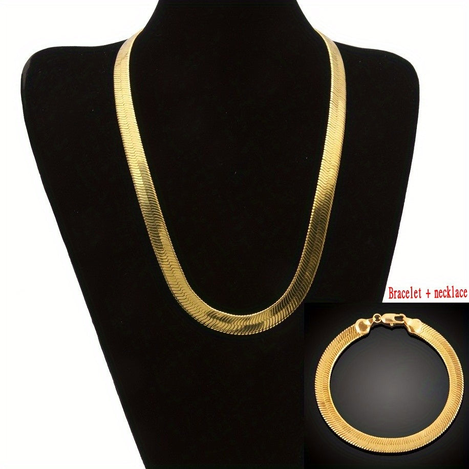 Men's Fashion Accessory Set: 2-piece Golden-Tone Flat Herringbone Necklace and Bracelet