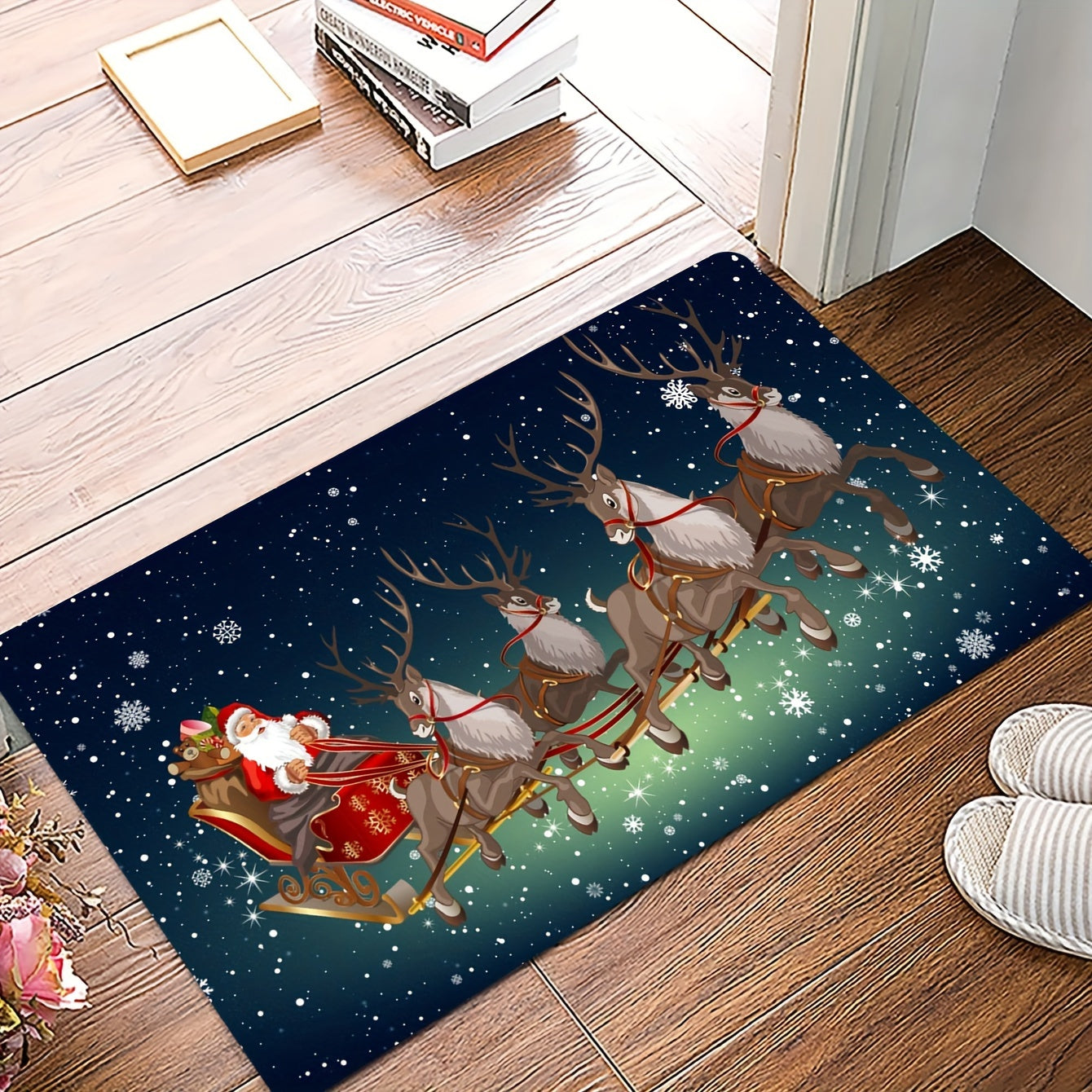 Get into the holiday spirit with our Merry Christmas American Pattern Area Rug! This versatile rug can be used as a home indoor carpet, bathroom non-slip mat, doorway entrance pad, or kitchen stain-resistant absorbent carpet. The festive holiday design