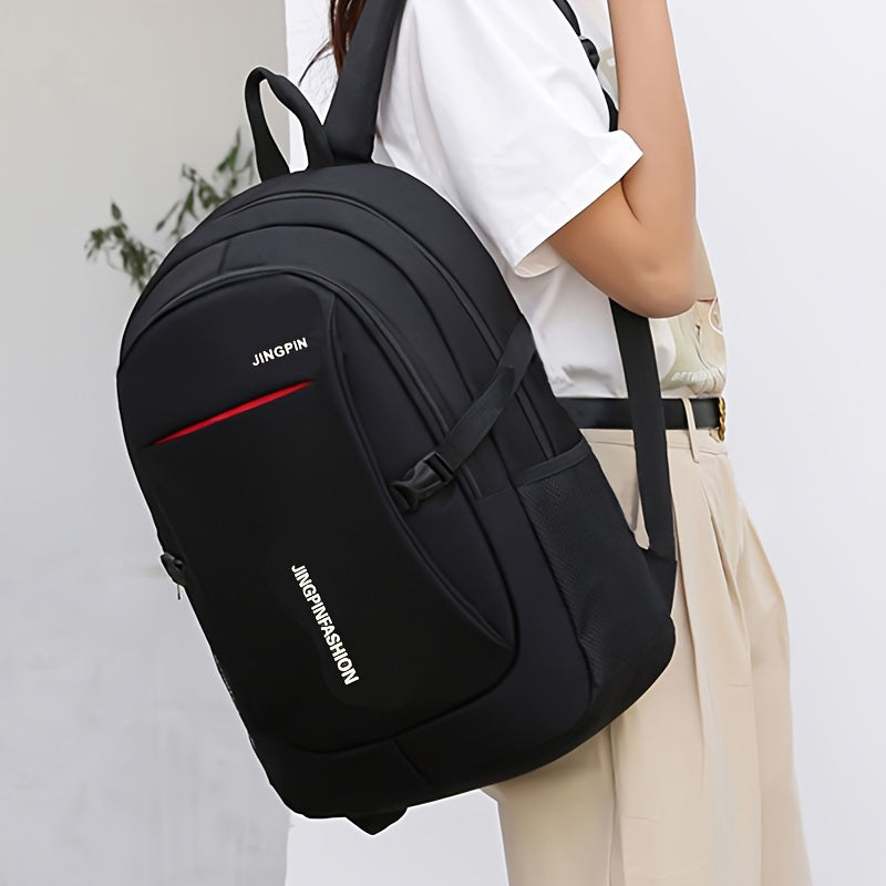 Single JINGPIN casual nylon backpack for men in black, with tassel detail, adjustable straps, and polyester lining. Ideal for daily commute or travel.