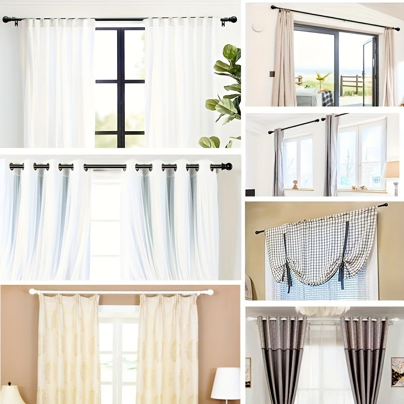 Elegantly Finished Curtain Rod Set in Classic Style, Adjustable Length, Sturdy Metal Construction - Complete with Adhesive Curtain Holders and Decorative Hooks (Black/White)