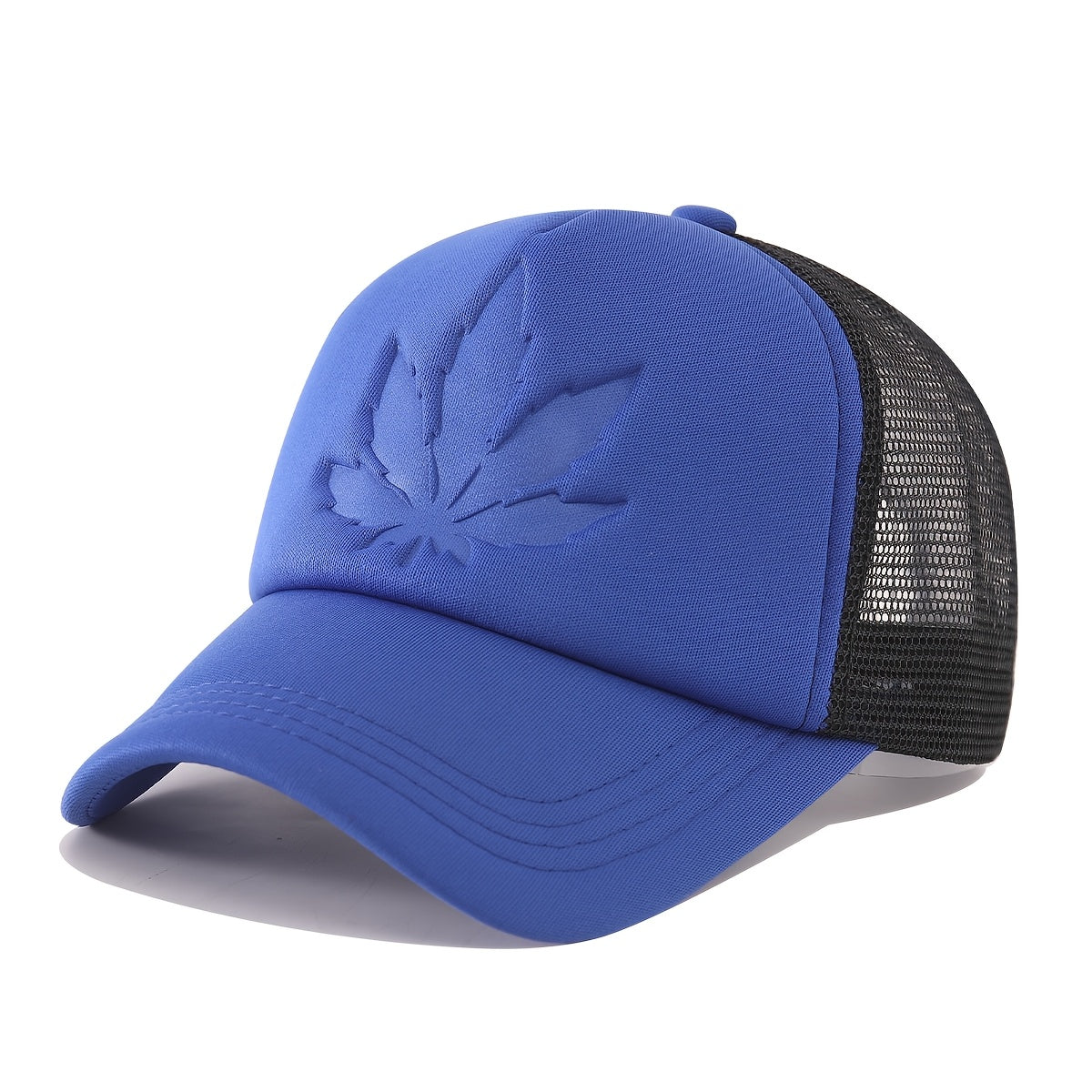 OKOIUM Maple Leaf Embossed Baseball Cap - Breathable mesh back, polyester, casual style for outdoor sports, available in black, blue, red.