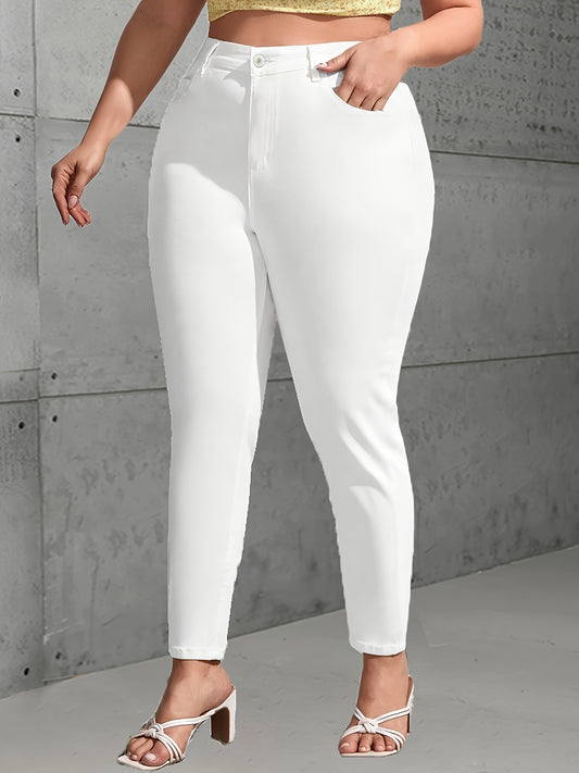 Plus Size Elegant White Skinny Jeans for Women - High-Waisted, Stretch Blend, Slim Fit Ankle-Length with Button Detail, Non-Transparent, All-Season Wear.