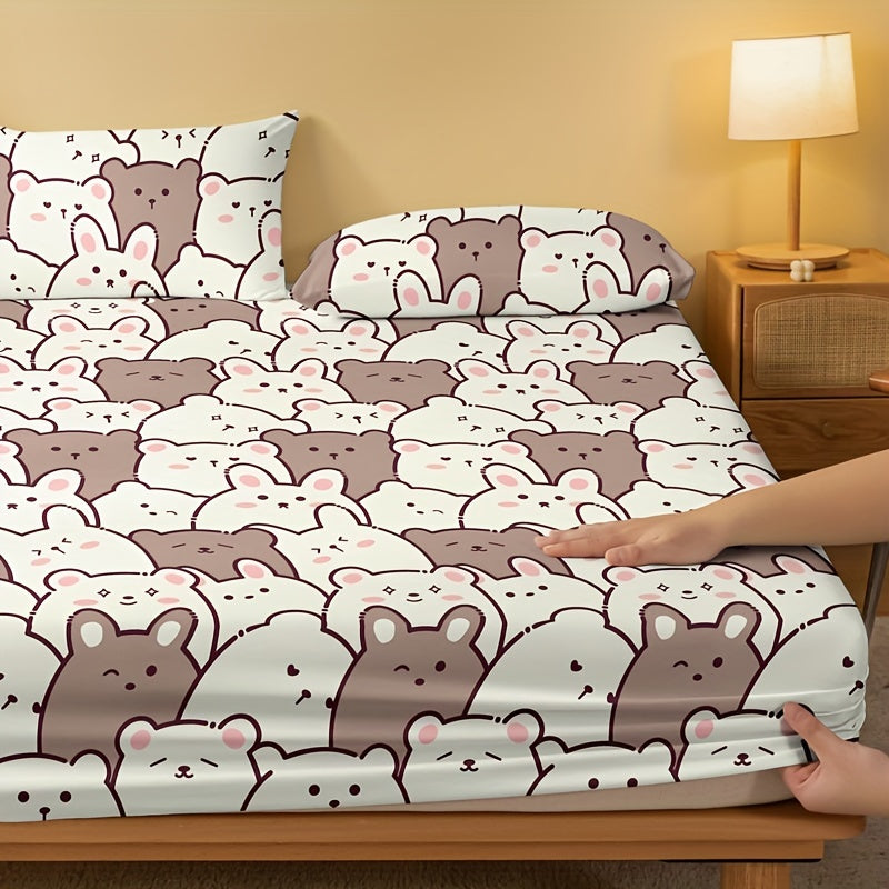 One piece of Cartoon Bear Print Fitted Sheet (Pillowcase not included) made of soft and comfortable material for a cozy sleep experience. Perfect for bedrooms or guest rooms, this brushed mattress protector features deep pockets for a secure fit. Fitted