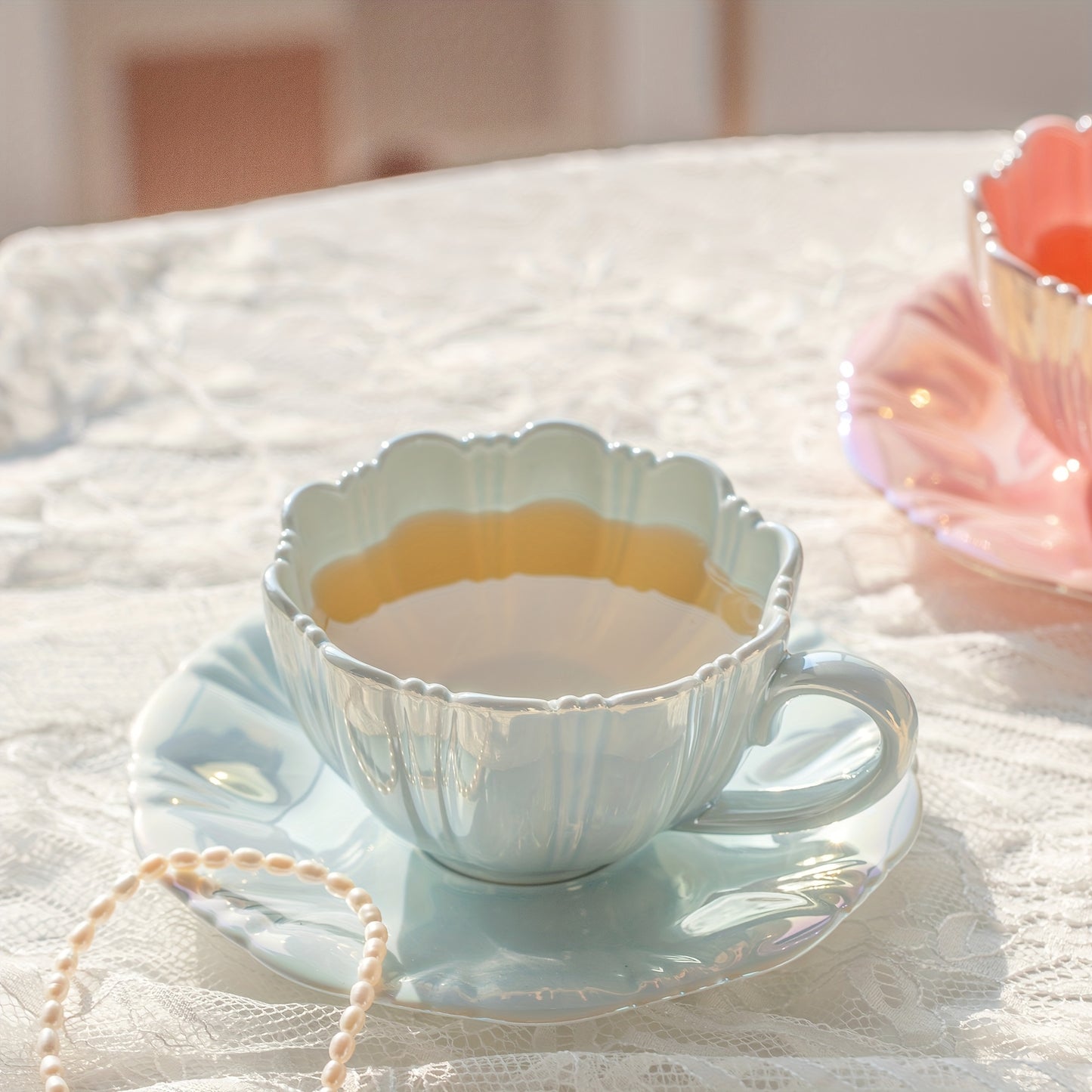 Floral ceramic tea cup set for tea time at home or office, perfect for girls and couples.