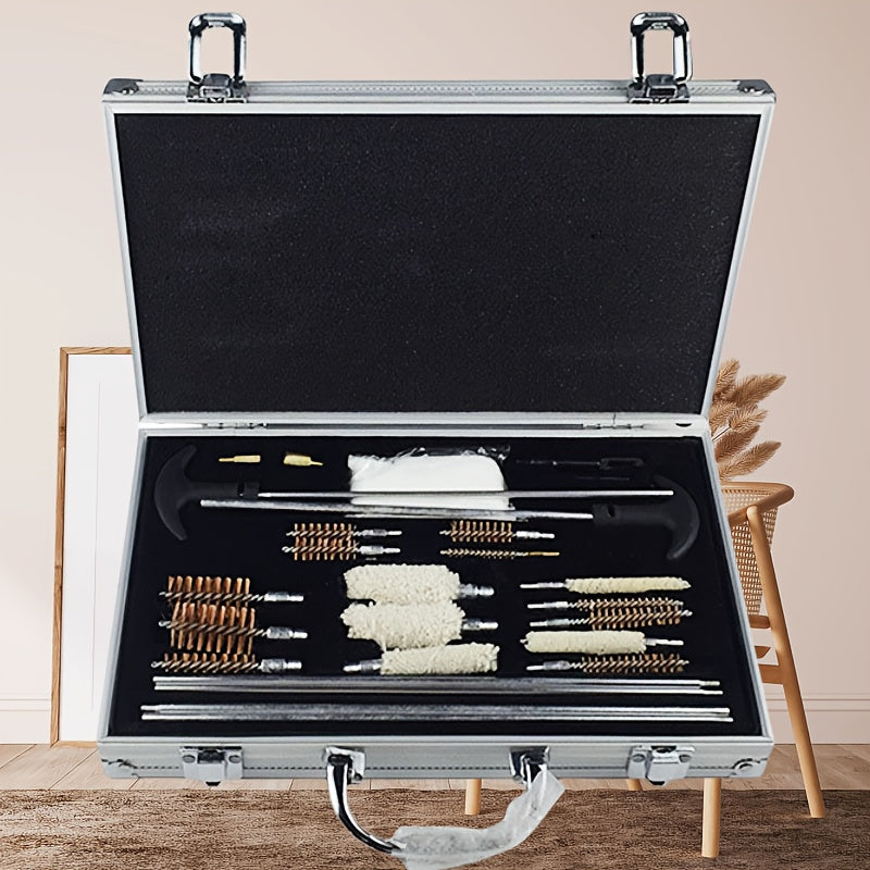 Durable plastic material gun cleaning kit with aluminum alloy case, unflagged bristle brushes, copper wire, and patches. Multipurpose set suitable for car, toilet, and kitchen cleaning.