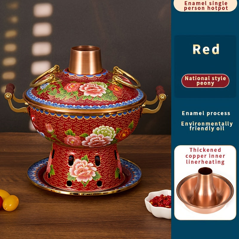 Small single serving enamel-coated copper hot pot featuring the Dudan pattern, perfect for commercial use and for use with alcohol stoves. Safe for dishwasher cleaning.