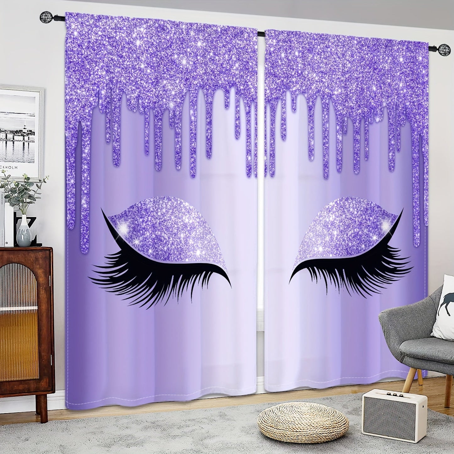 Set of two Eyelash Printed Curtains, Rod Pocket Window Treatments ideal for Bedroom, Office, Kitchen, Living Room, Study, and Home Decor. Enhance your room with stylish and aesthetic decorative curtains.