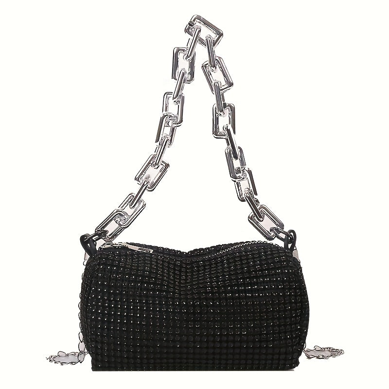 Stylish evening bag with chain straps, solid golden messenger bag with zip closure, polyester lining in silvery gray - a fashionable accessory for ladies.