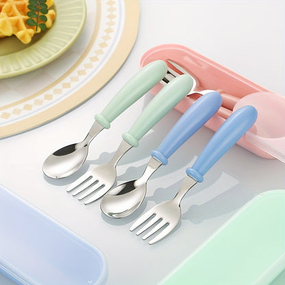 Set of 3 stainless steel youngsters' utensils with colorful handles, dishwasher safe. Includes fork and spoon in blue geometric pattern in pink and green cases.