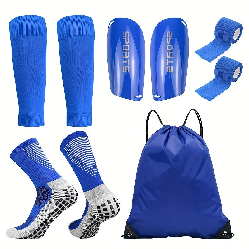 5-piece soccer gear set including slip-on socks, knee pads, and leg sleeves. Suitable for outdoor sports such as soccer, basketball, and yoga.