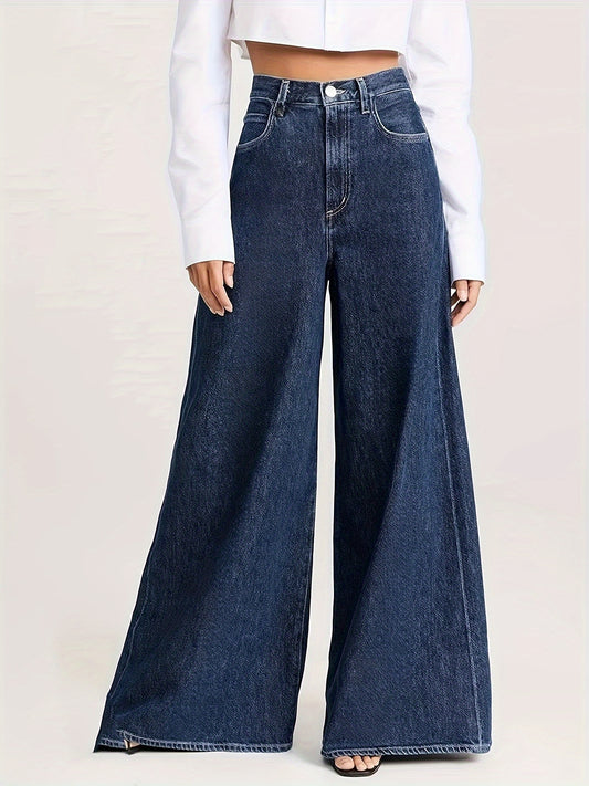 Women's casual high-waisted wide leg denim jeans with solid color, washed finish, medium stretch fabric, suitable for four seasons, and woven material.