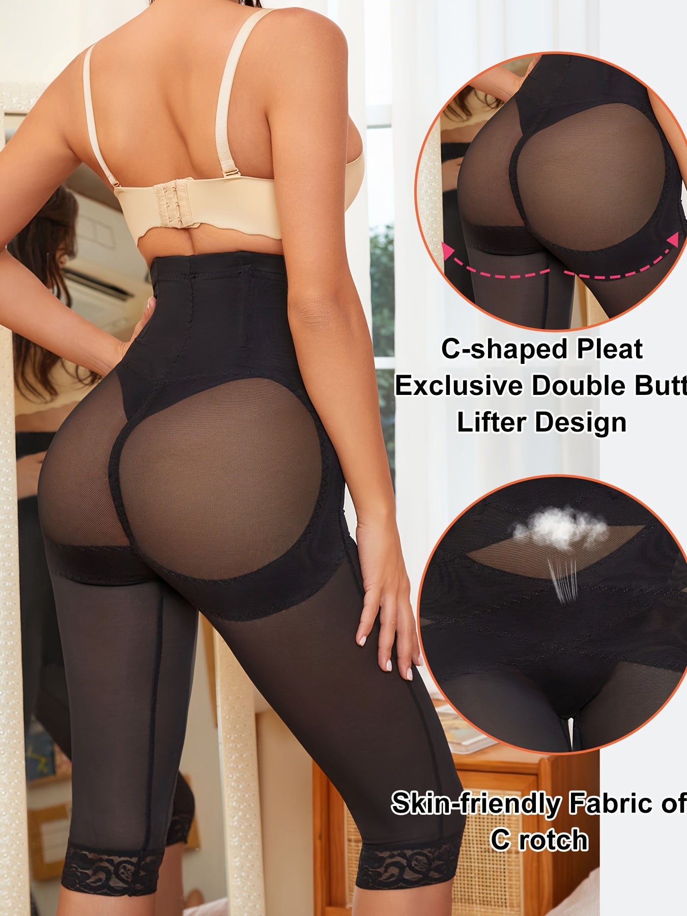 High waist shaping shorts with lace trim for women, designed to control the tummy and lift the butt.