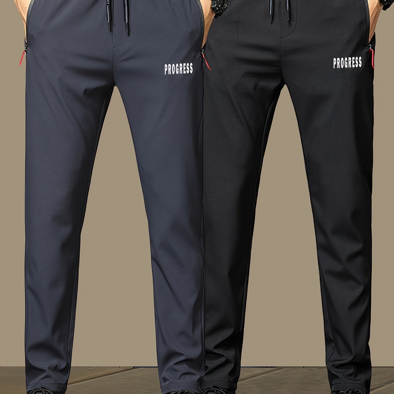 2pcs Men's Lightweight Joggers with "PRINCESS" print, quick-dry polyester, drawstring waist, zipper pockets, and adjustable comfort for casual attire.