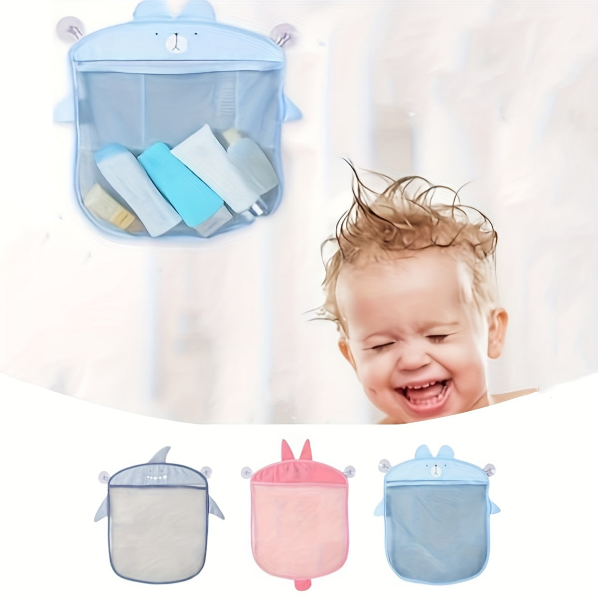 Mesh bag with suction cups for bathroom use, featuring cute cartoon animal shapes for storing cloth items and sand in the shower or bath.