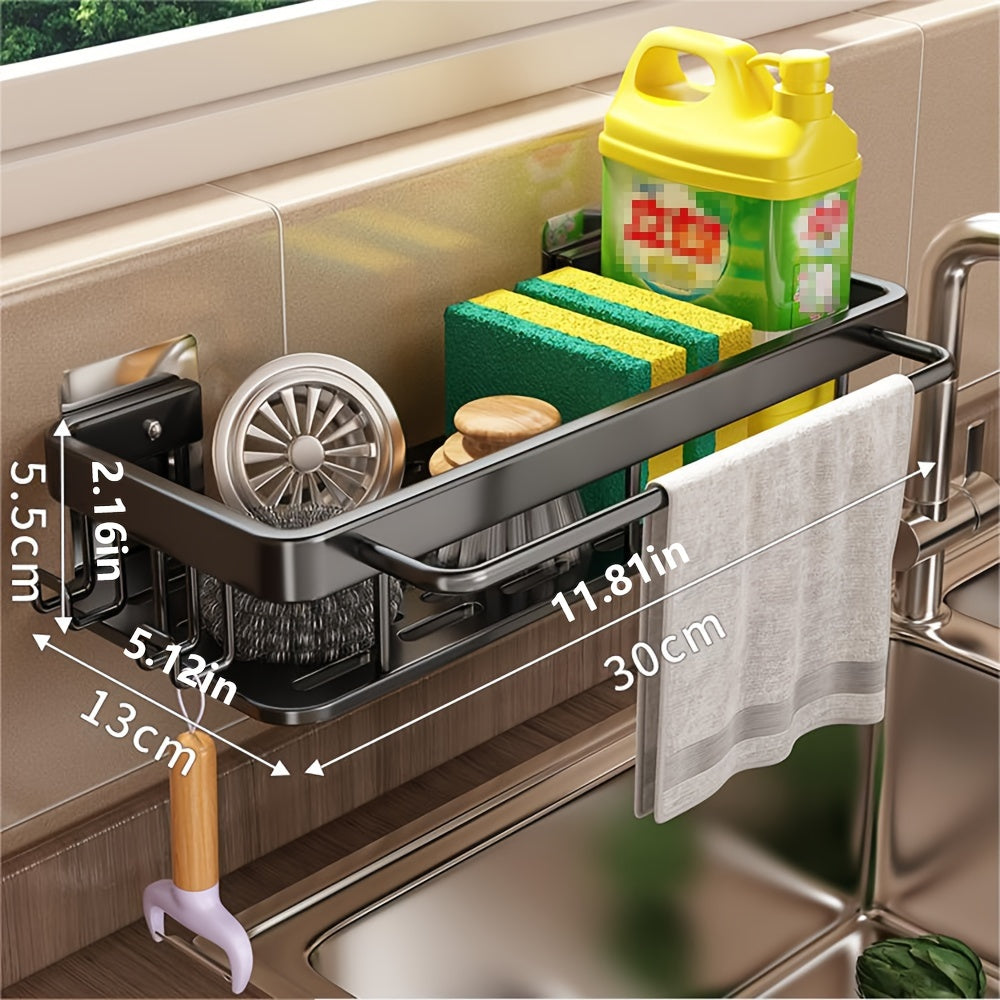 Wall mounted kitchen storage rack with built-in dish drainer and space-saving design, no need for drilling holes. Perfect for storing dish cloths and other kitchen accessories. Great multi-functional organizer for the home.