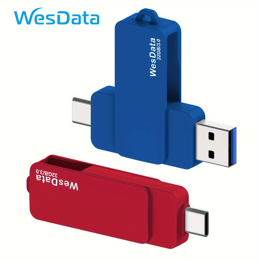 WesData USB-C flash drive with 32GB, 64GB, and 128GB storage options, compatible with Android smartphones, tablets, laptops, MacBook, and PC. Ideal gift for various occasions.