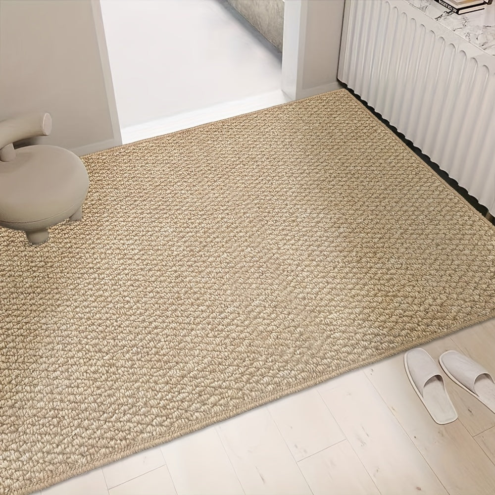 Soft, absorbent door mat with a jute-like texture that is easy to clean. Ideal for both indoor and outdoor use, perfect for entryways, bedrooms, and beyond.