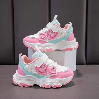 Girls' all-season fashion sneakers with sweet color block design and heart pattern, featuring easy closure, low-top PU upper, and rubber sole in pink and purple options. Perfect for daily