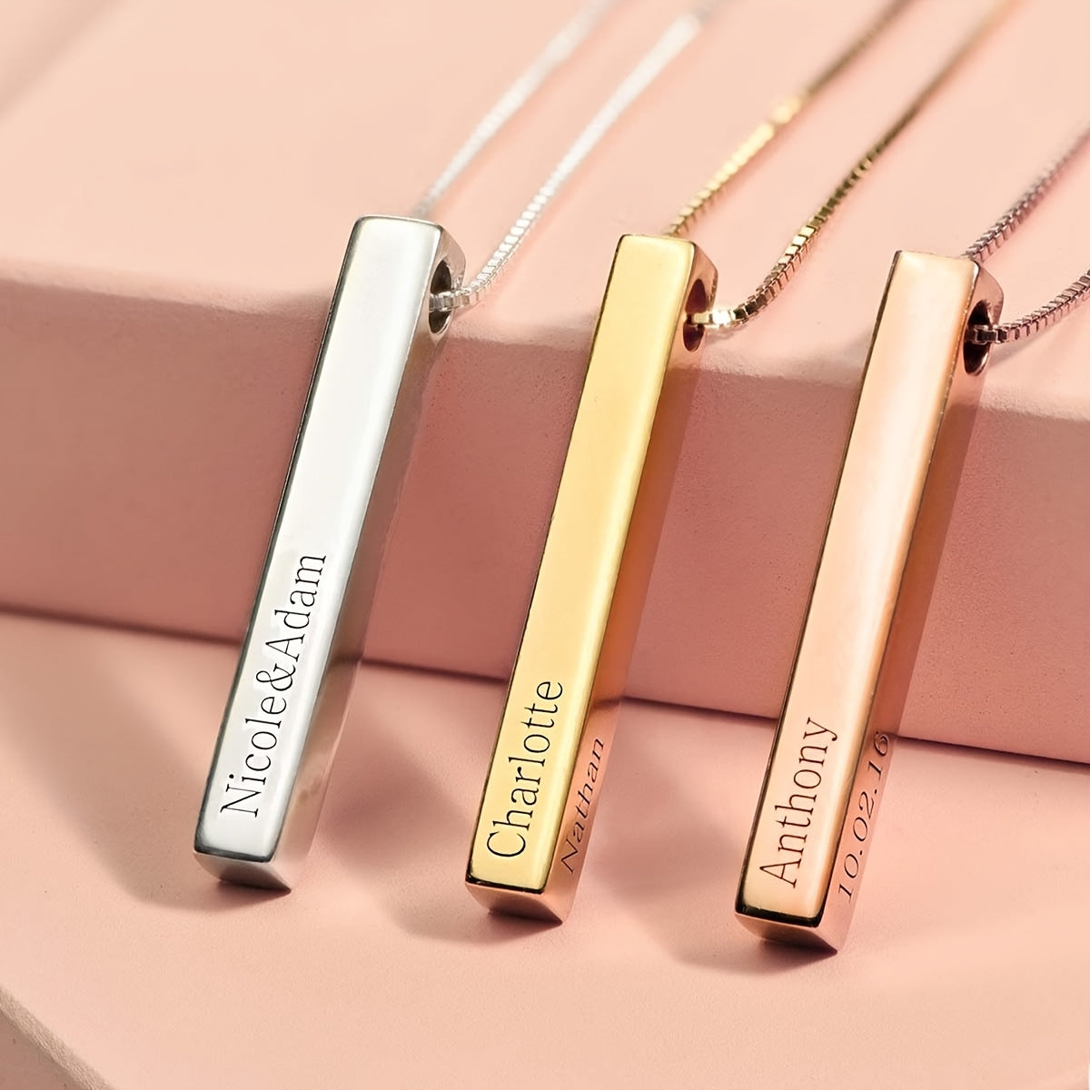 Stylish Customizable 3D Vertical Bar Pendant Necklace in 18K Gold Plated Stainless Steel, Laser Engraved with Personalized English Name, Boho Chic Style, Perfect for Everyday Wear or as a Gift for Women.