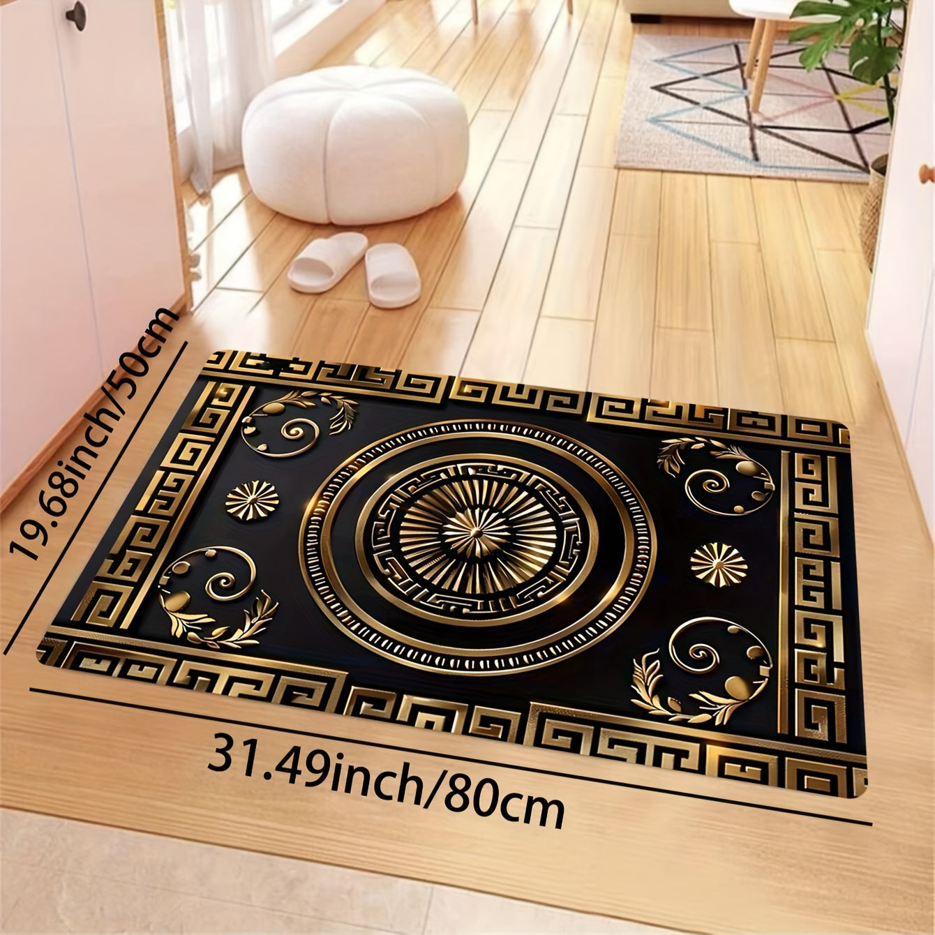 Luxurious Black and Golden Patterned Rectangle Carpet, perfect for the Kitchen, Living Room, Bedroom, or as an Indoor Door Mat. This soft and thickened carpet can be machine washed and used as a decorative piece in any indoor space.