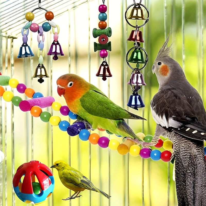 Bird toy set with swing, climbing ladder, stairs, colorful bells, and chew toys for small and medium parrots to relieve boredom and provide educational training. Available in sets of 3, 5