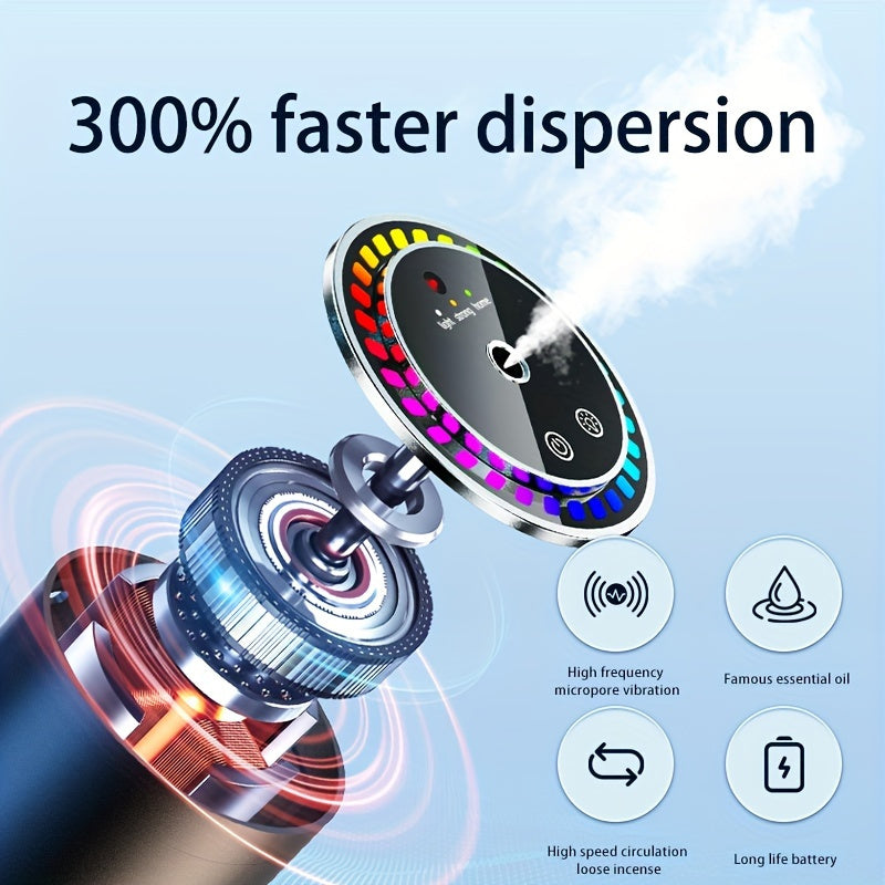 Durable black car diffuser with USB plug-in for essential oils and aromatherapy. Atomization brings a new smell experience, with adjustable concentration and automatic on/off. Lasting