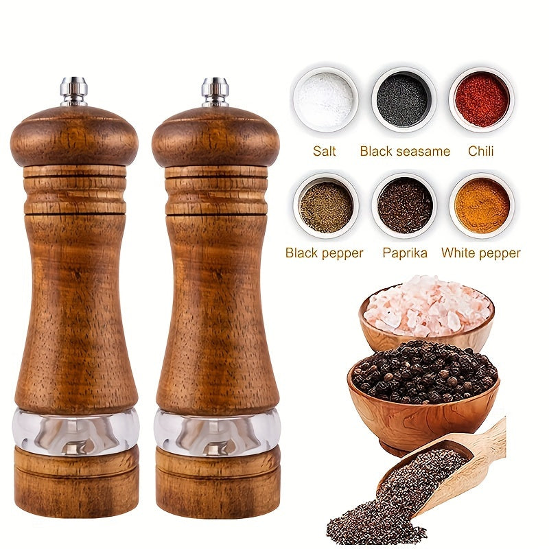 Best Seller: Set of 2 Adjustable Wooden Pepper & Sea Salt Grinders - Manual Spice Mills with Ceramic Core, Ideal for BBQs, Picnics, and Camping - Long-lasting Kitchen Tools, Excellent Valentine's Day Present, Spice Grinder, Refillable Spice Jar, Stylish