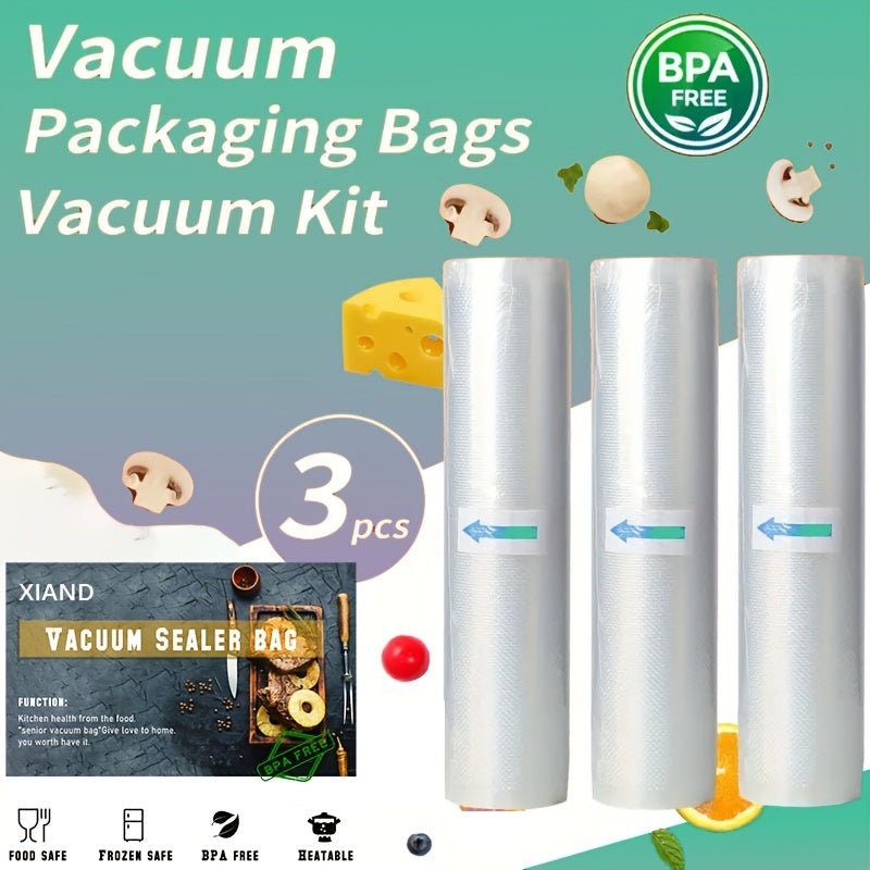 BPA-Free Vacuum Sealer Bags - Set of 3, Durable and Reusable Food Storage Pouches, Leakproof and Stretch Resistant, Safe for Freezing and Microwaving, Ideal for Keeping Food Fresh in the Kitchen and Pantry