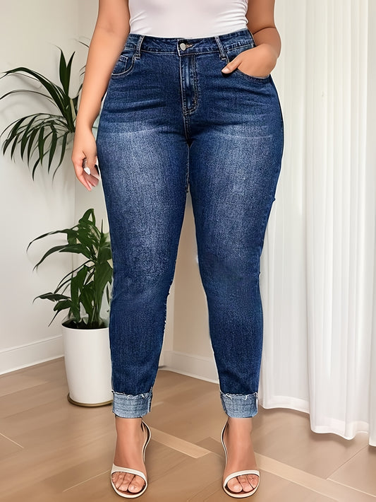 Women's Plus Size Washed Rolled Button Fly High Rise Skinny Jeans