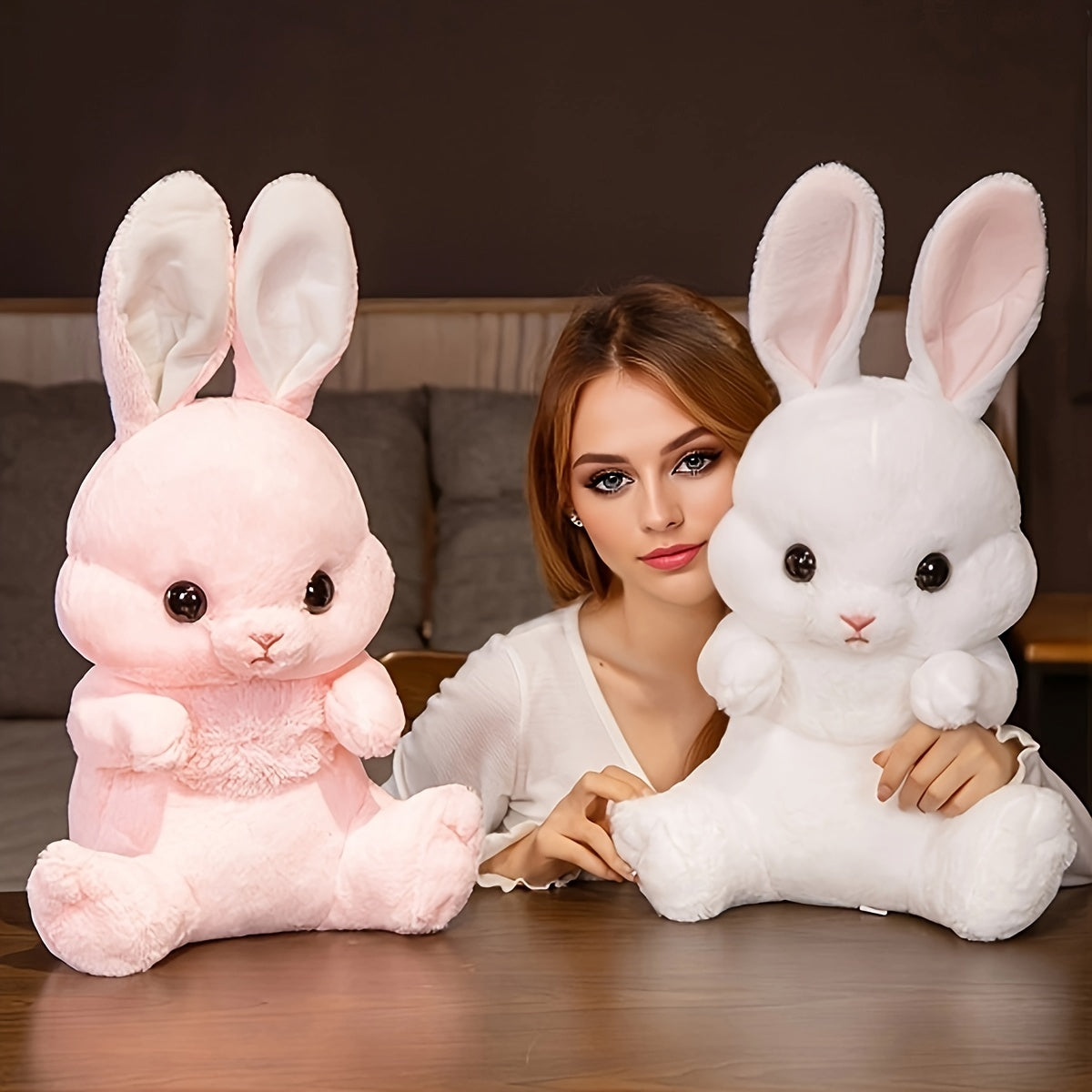 Cute Long-Eared Bunny Plush Toy - Soft, Cuddly Doll with Pillow Design for Home Decor and Birthday Gifts, White/Pink