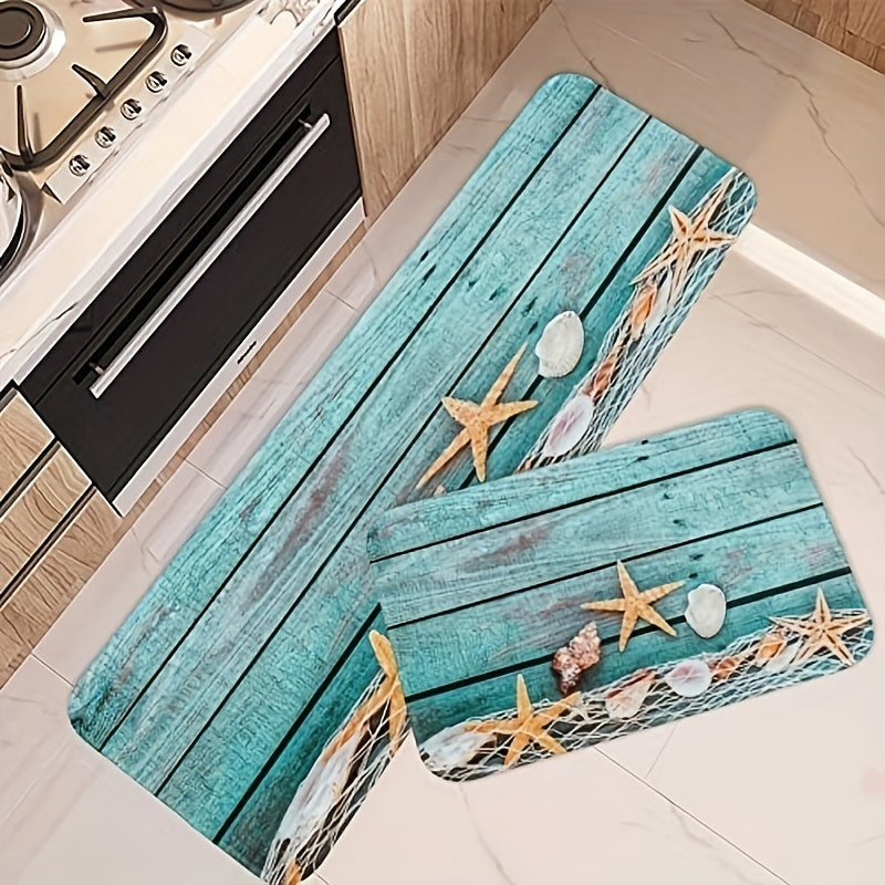 Soft, non-slip, waterproof floor mat with starfish print. Machine washable and dirt-resistant. Suitable for kitchen, living room, laundry, bathroom. Dimensions: 39.88*149.86cm.