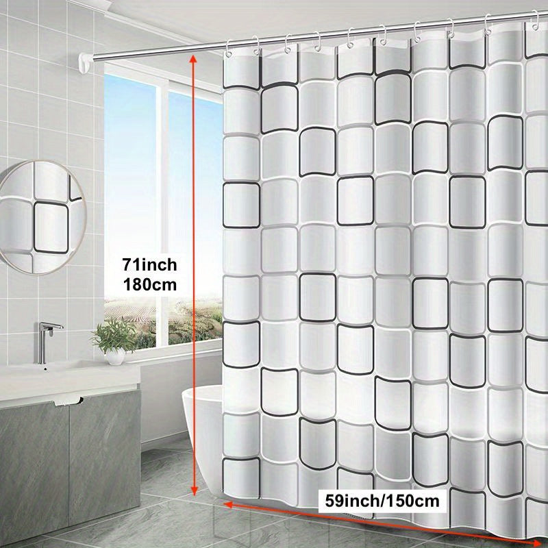 Lightweight plastic shower curtain with hooks and metal grommets, suitable for bathroom and window decoration.