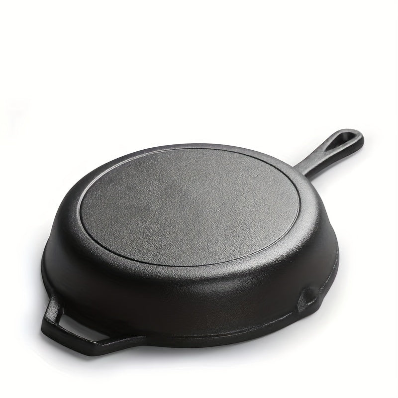 12-inch one-piece cast iron frying pan with a thickened design, featuring a flat bottom and no coating, perfect for frying and baking.