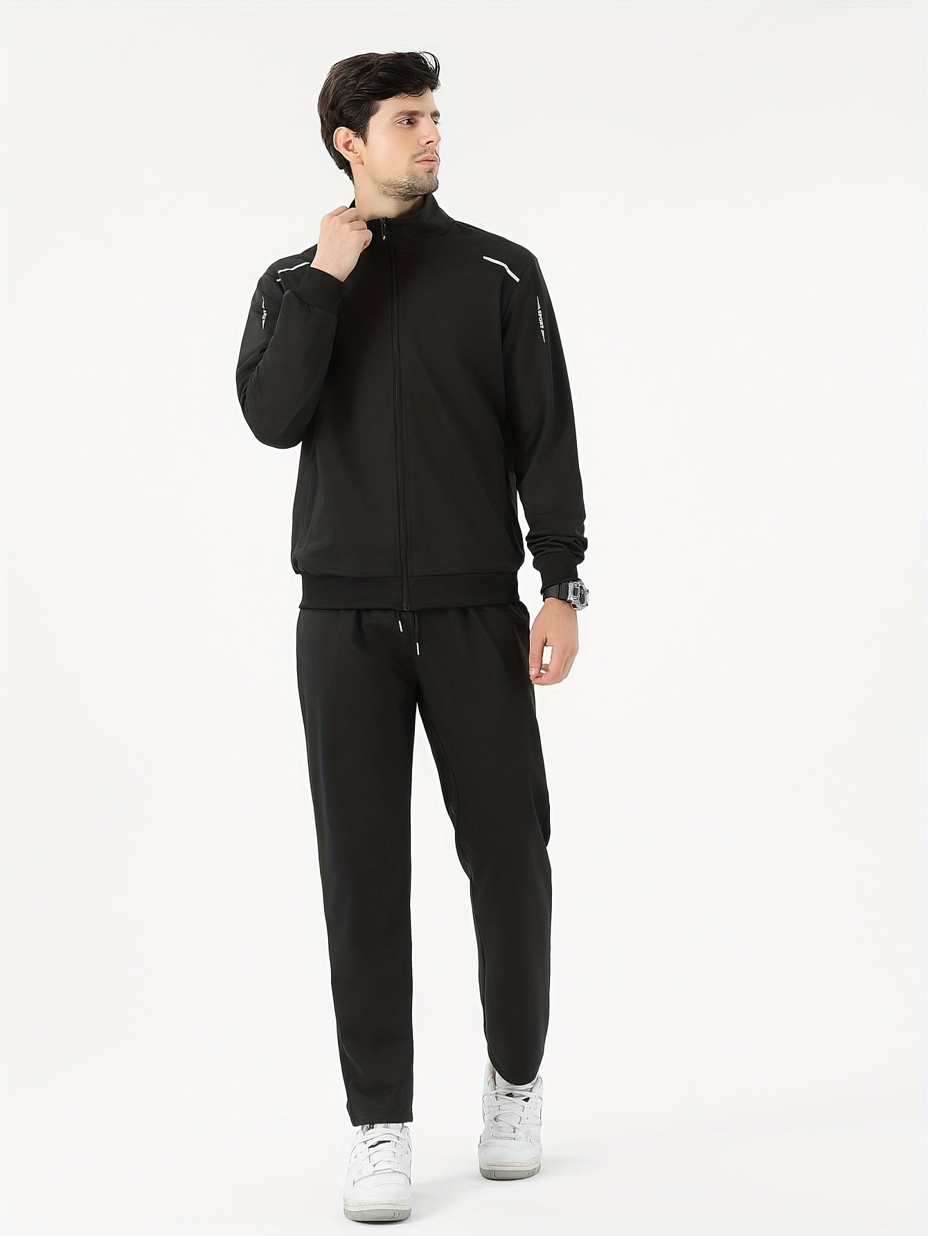 Men's two-piece casual sports suit with stand collar open shirt for spring and autumn.