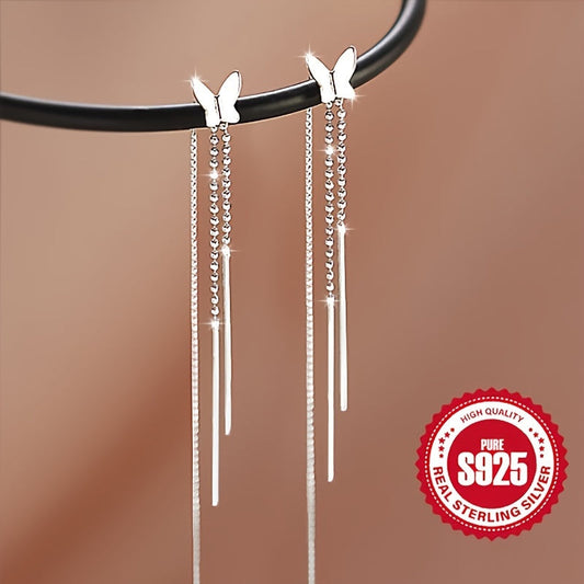 These stylish dangling earrings, made of S925 silver, feature butterfly tassels and are sweet and lovely. They are suitable for wearing on many occasions and make a great gift for ladies, especially on Christmas. They weigh 2.11g and are low allergy.