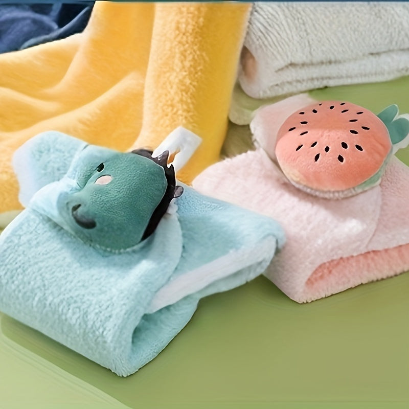 Cute dinosaur hanging hand towel made of soft coral fleece, highly absorbent and ideal for kitchen and bathroom use. Great for both kids and adults.