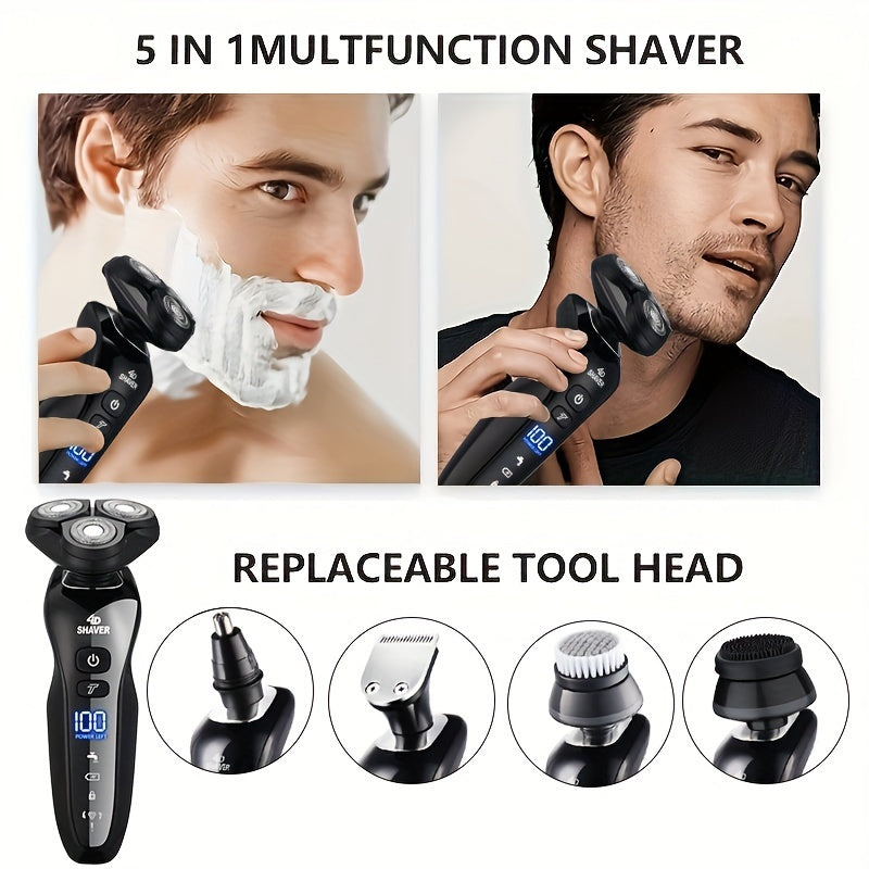 Men's electric razor with rechargeable beard trimmer, nose and sideburn trimmer, face cleaning brush, and grooming kit - perfect Father's Day gift.