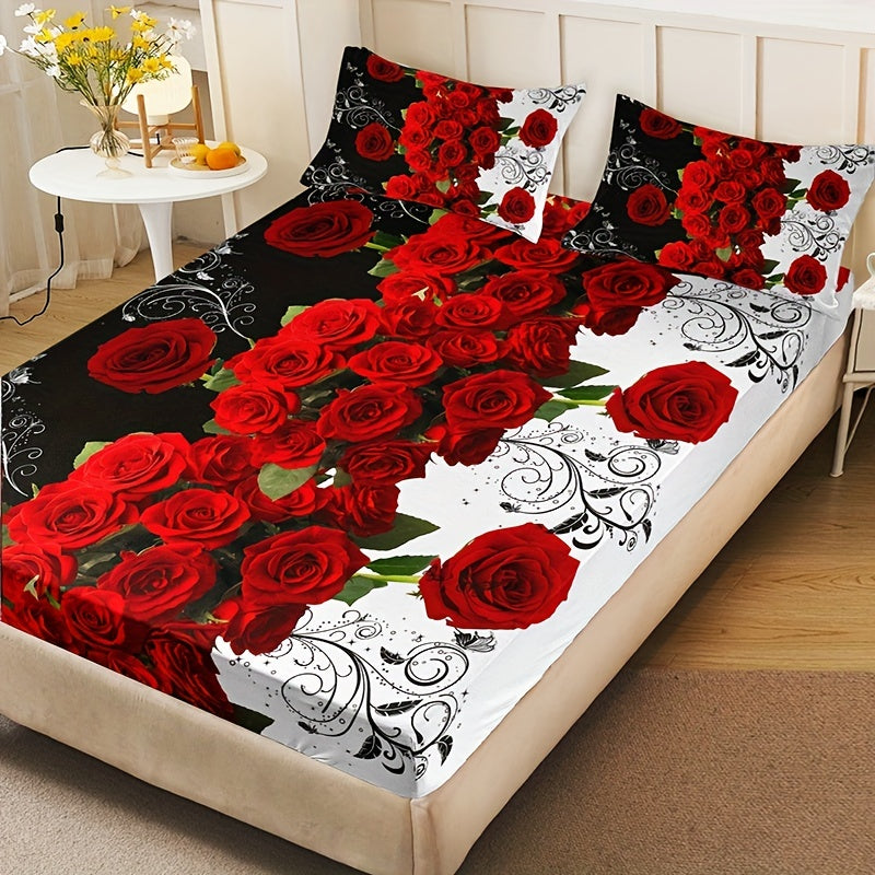 Set the mood with this romantic 3-piece Red Rose Print Fitted Sheet Set. Made from soft, breathable material, this bedding set will provide a comfortable night's sleep. Perfect for the bedroom or guest room, the set includes 1 fitted sheet and 2