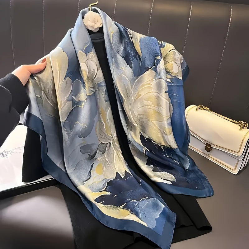 Blue floral print square scarf for women, lightweight summer sun protection and wind resistance head wrap in Bohemian style, measuring 89.99cm. Features elegant navy blue design with cream