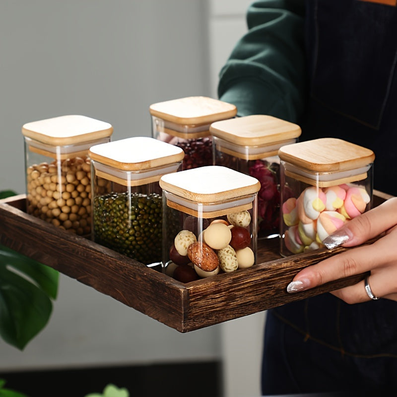 10-Piece Square Glass Spice Jars Set with Measuring Spoon and Airtight Bamboo Lids for Dining and Cookingpurposes.