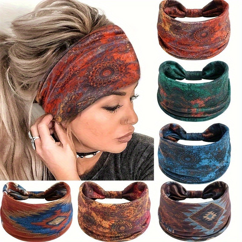 Stylish Boho Headbands for Women - Polyester Knit Crochet Tie Headband - Elastic Sports Headband with Printed Design - Fashion Hair Accessory for Yoga and Running - Perfect for Thanksgiving