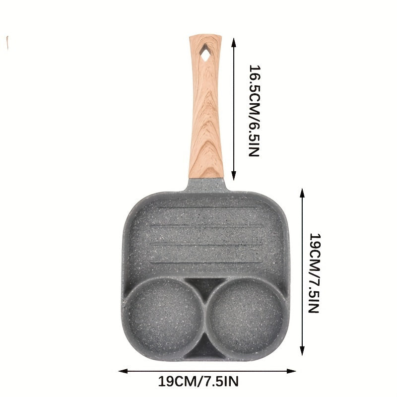 Kitchen accessory: Non-stick aluminum omelet pan with a wooden handle. Perfect for pancakes, bacon, and burgers. Hand wash only. Compatible with gas stove and induction cooker. Perfect breakfast pan.