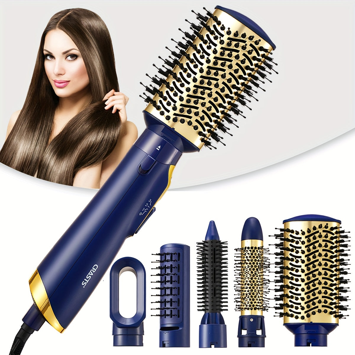 5-in-1 Hot Air Brush with dual function for drying, straightening, and curling hair.