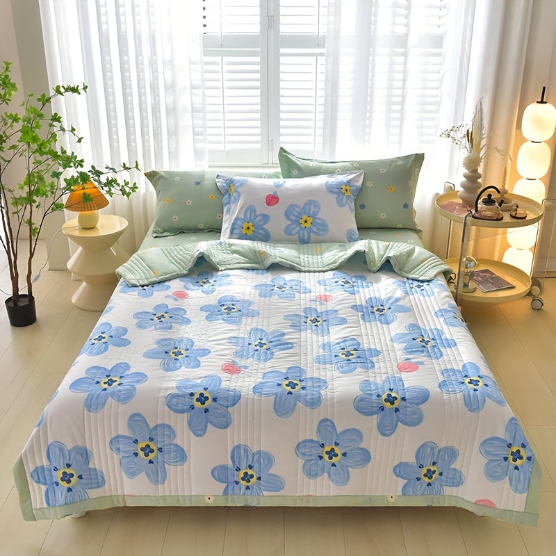 3-piece floral printed quilt set, perfect for all seasons, suitable for single or double beds in hotels, homes, guest rooms, or sofas. Includes 1 thin quilt and 2 pillowcases without core.