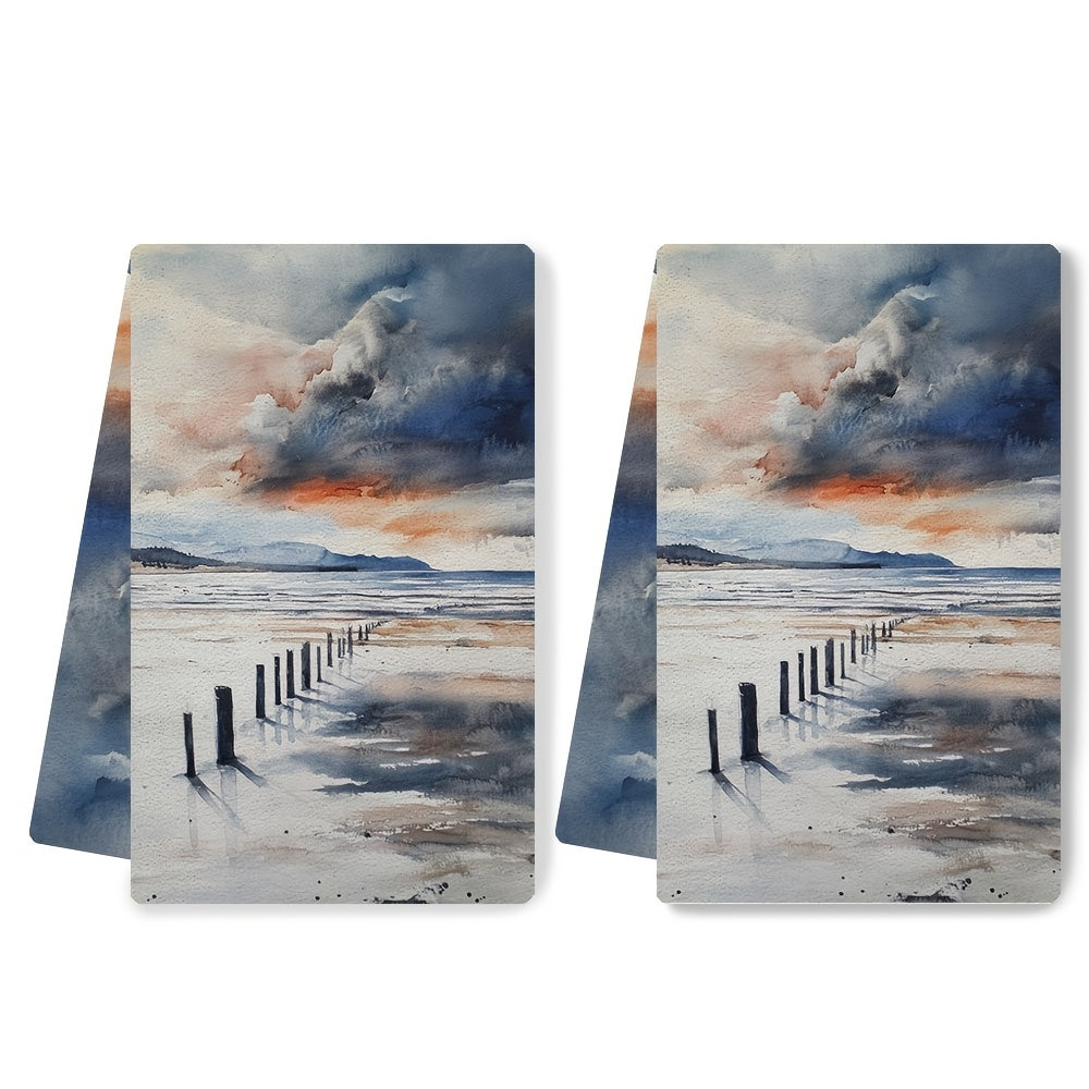 Set of 2 Kitchen Towels in Sea View Design, Soft and Absorbent Hand Towels for Holiday Decor, Machine Washable, 16x24 Inch - Item Number: 2KYSYS1218381