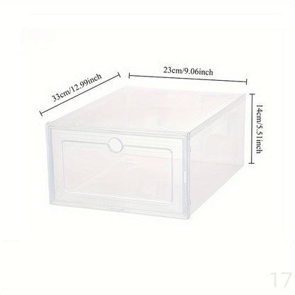 6 clear stacking shoe boxes, constructed from transparent PET material, perfect for organizing shoes in living rooms, bedrooms, and dormitories.